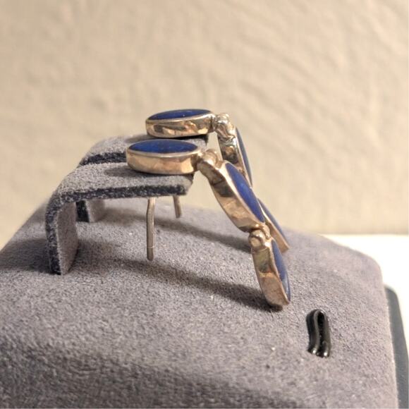 VTG Sterling Silver Lapis Lazuli Inlay Hinged Articulated Dangle Post Earrings - Picture 2 of 5